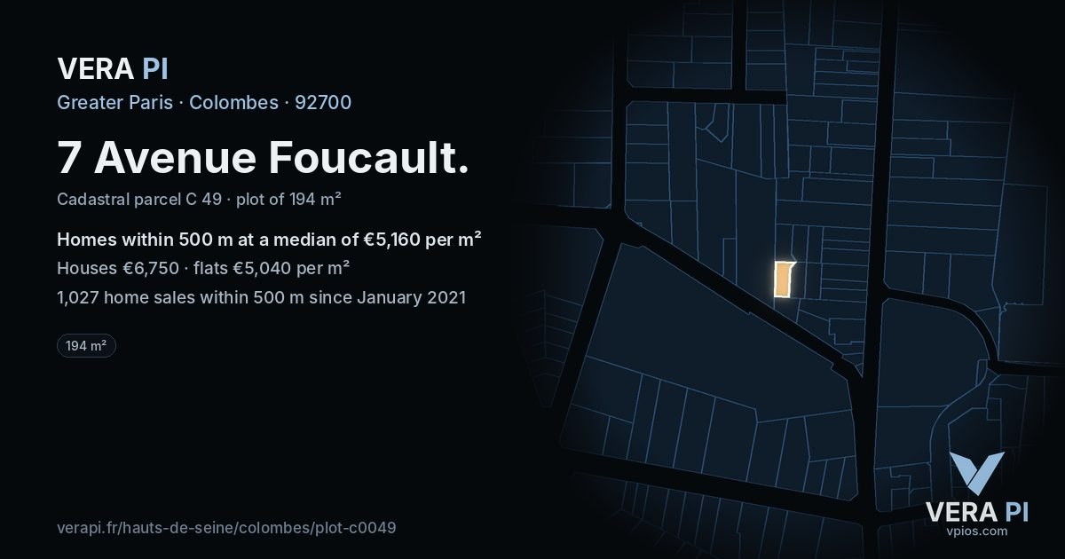 7 Avenue Foucault, Colombes at night – the plot lit, the parcels around coloured by the prices near them