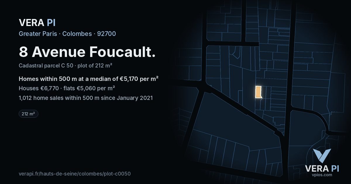 8 Avenue Foucault, Colombes at night – the plot lit, the parcels around coloured by the prices near them