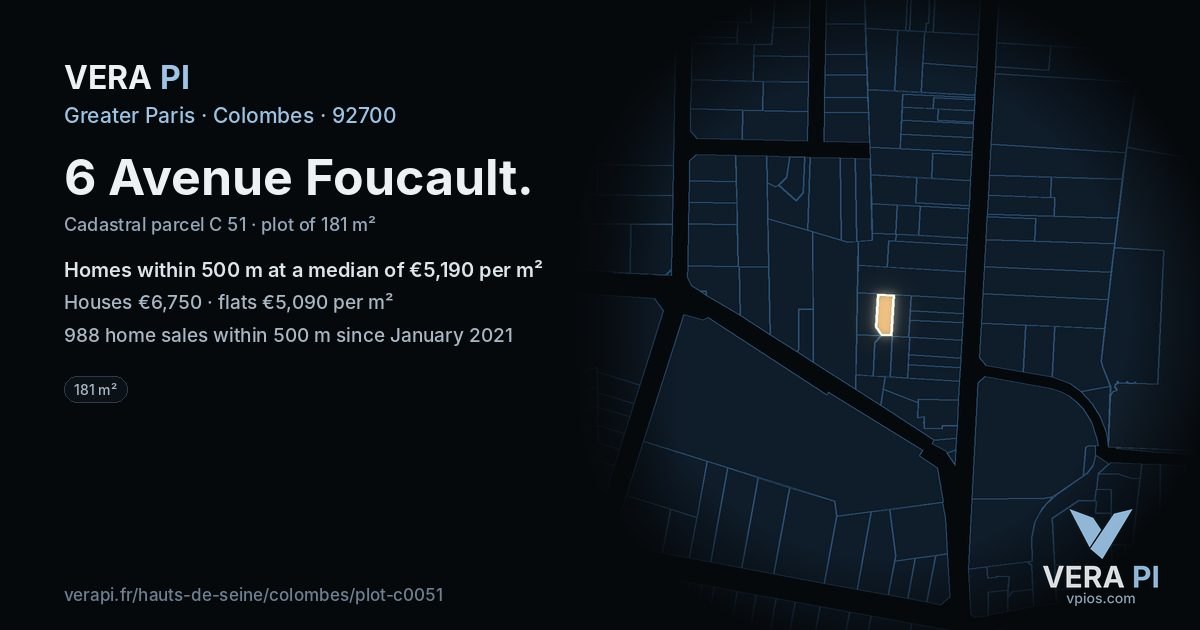 6 Avenue Foucault, Colombes at night – the plot lit, the parcels around coloured by the prices near them