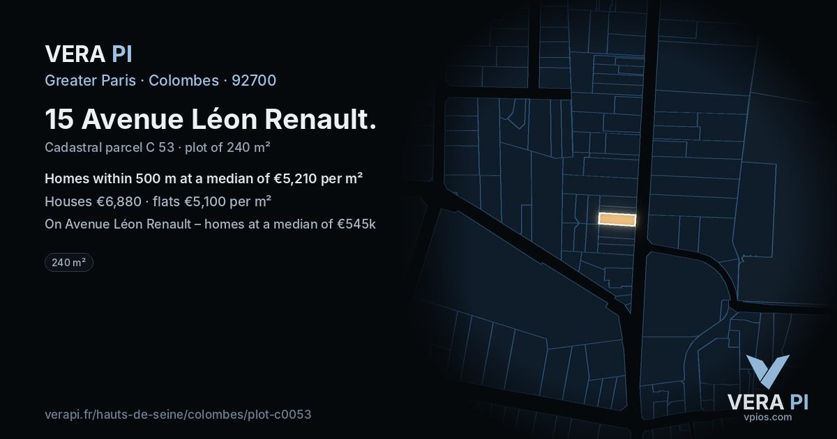 15 Avenue Léon Renault, Colombes at night – the plot lit, the parcels around coloured by the prices near them