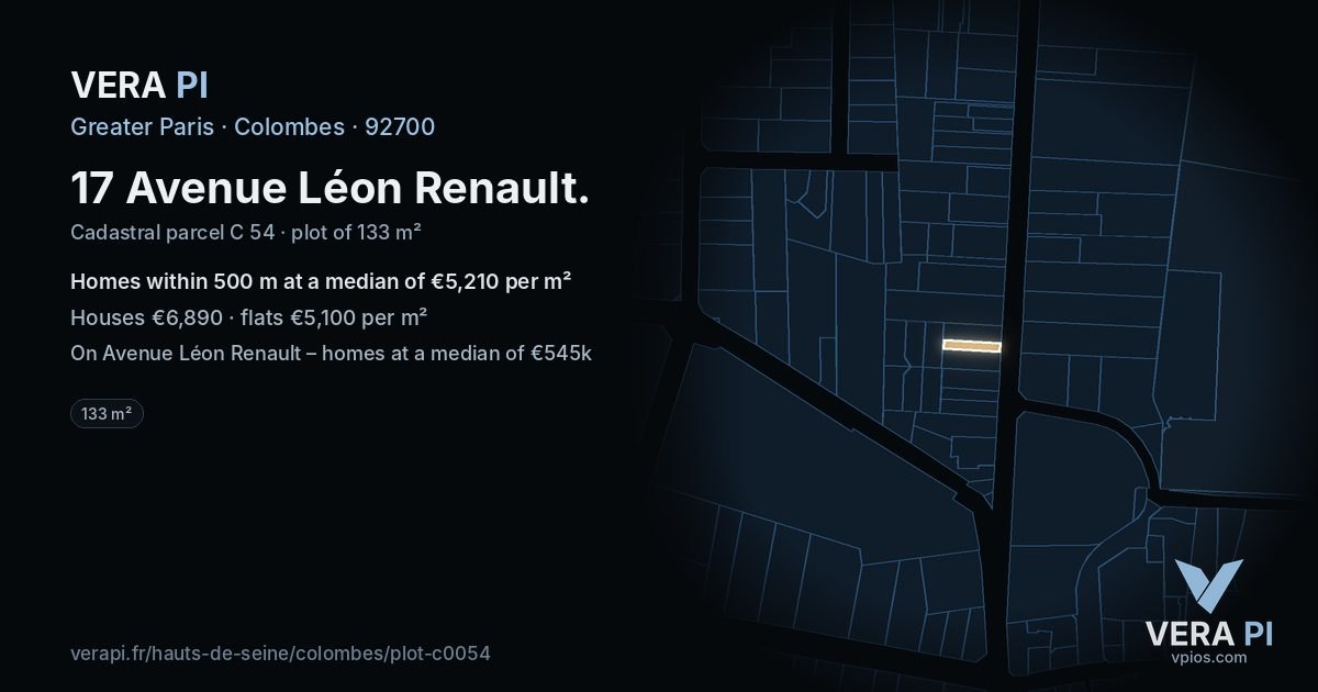 17 Avenue Léon Renault, Colombes at night – the plot lit, the parcels around coloured by the prices near them