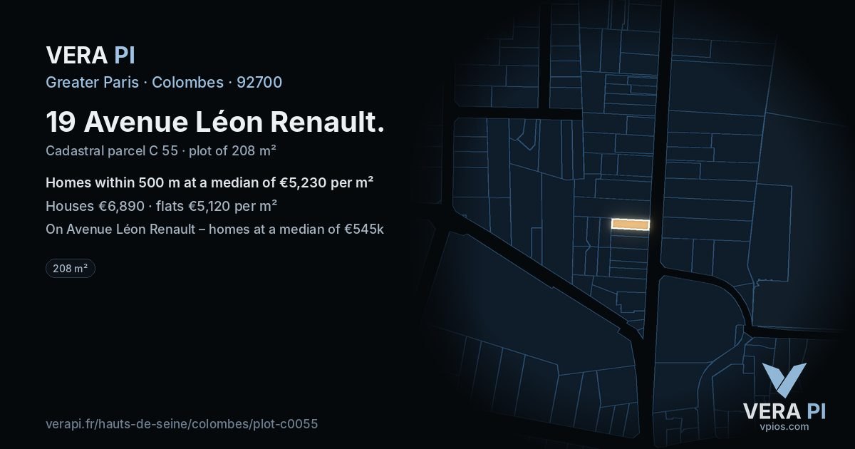 19 Avenue Léon Renault, Colombes at night – the plot lit, the parcels around coloured by the prices near them