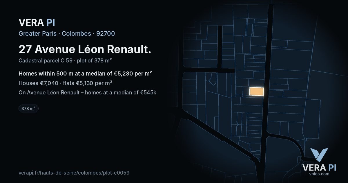 27 Avenue Léon Renault, Colombes at night – the plot lit, the parcels around coloured by the prices near them