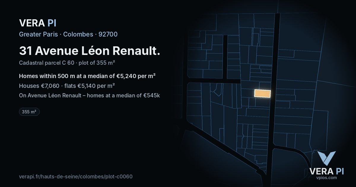 31 Avenue Léon Renault, Colombes at night – the plot lit, the parcels around coloured by the prices near them