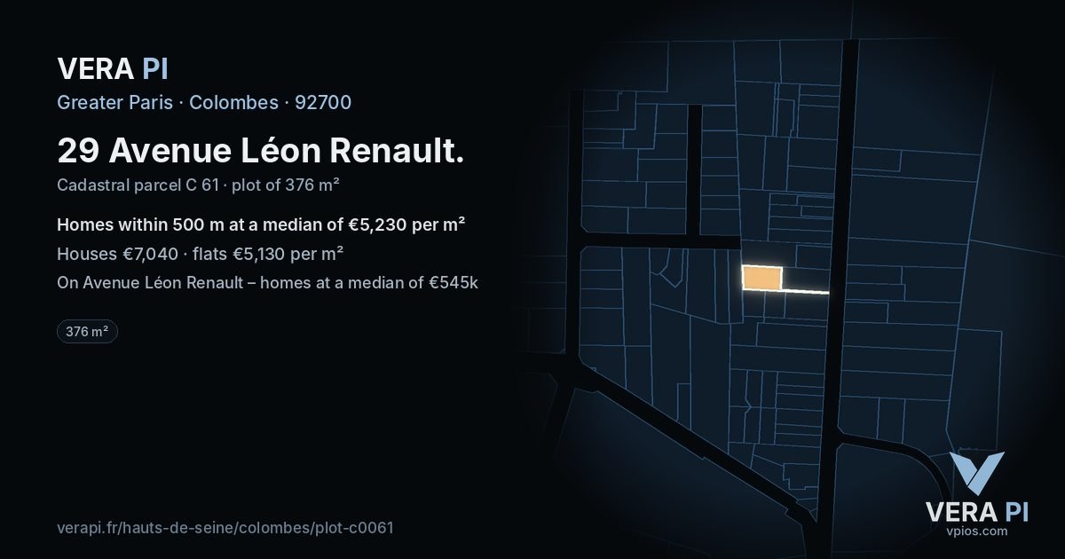 29 Avenue Léon Renault, Colombes at night – the plot lit, the parcels around coloured by the prices near them