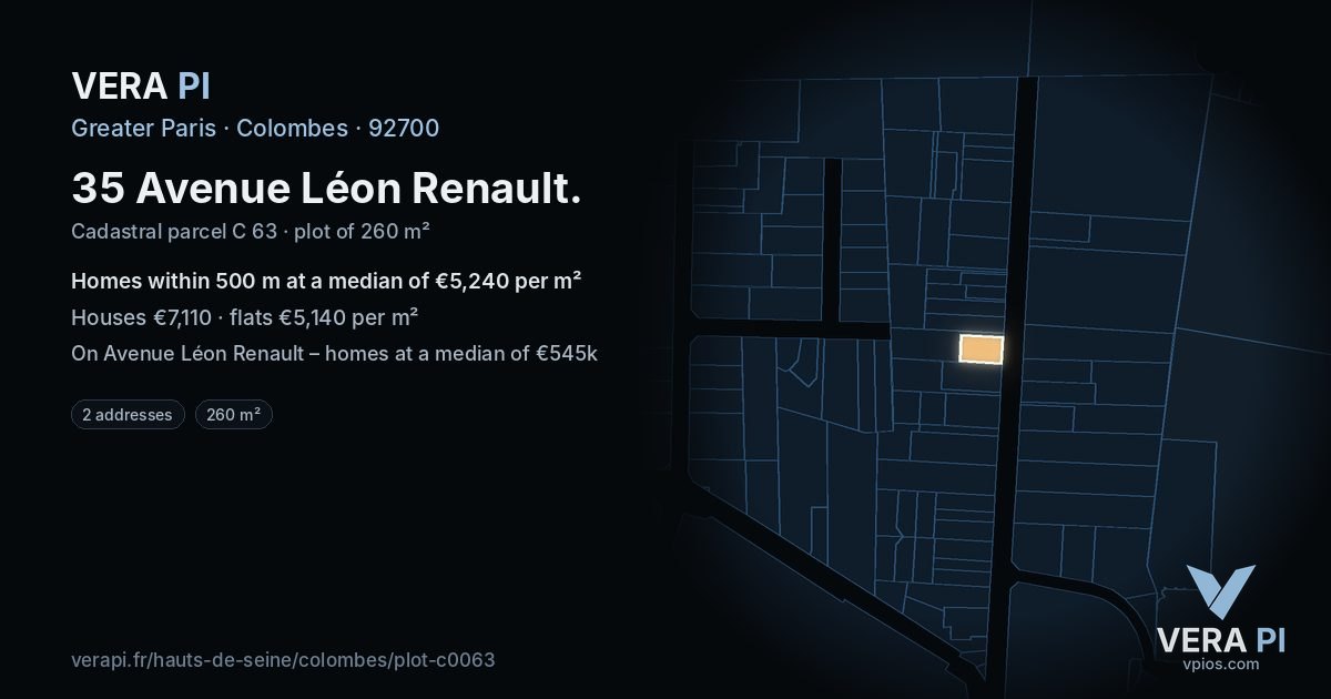 35 Avenue Léon Renault, Colombes at night – the plot lit, the parcels around coloured by the prices near them