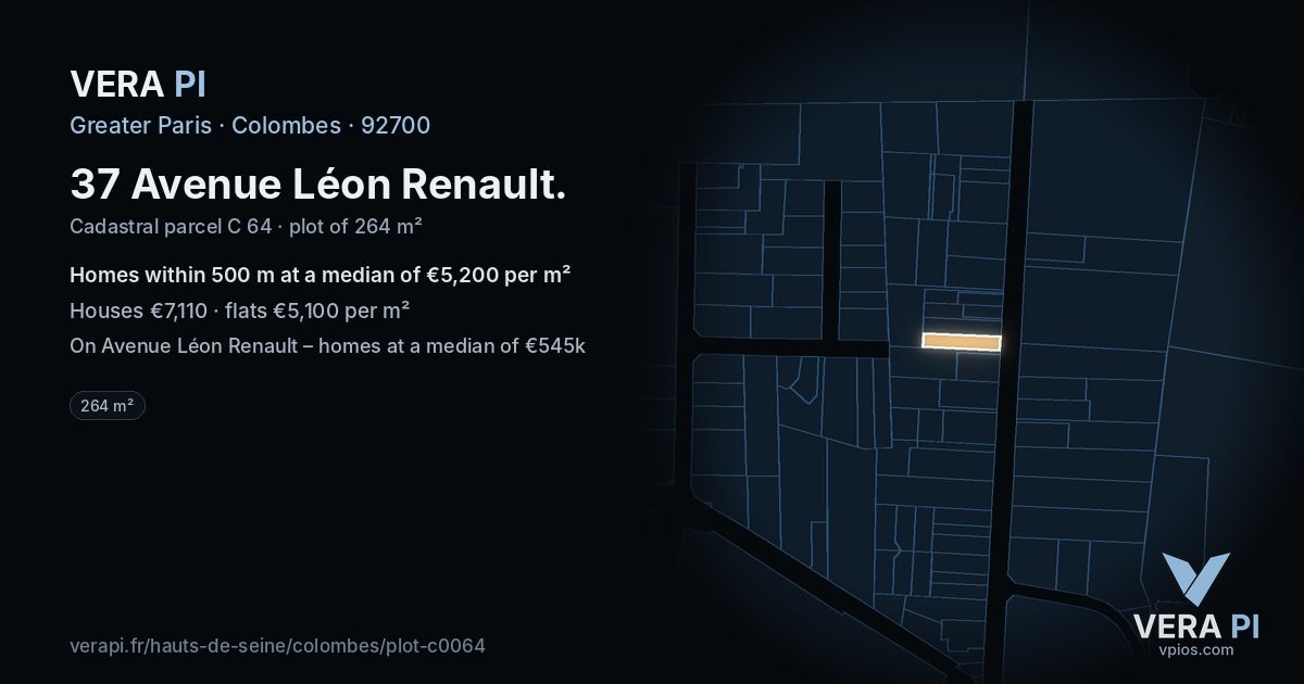 37 Avenue Léon Renault, Colombes at night – the plot lit, the parcels around coloured by the prices near them
