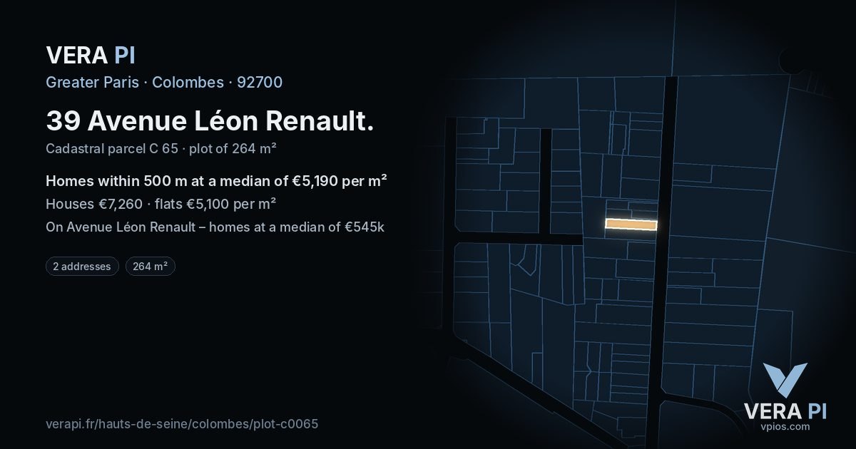 39 Avenue Léon Renault, Colombes at night – the plot lit, the parcels around coloured by the prices near them