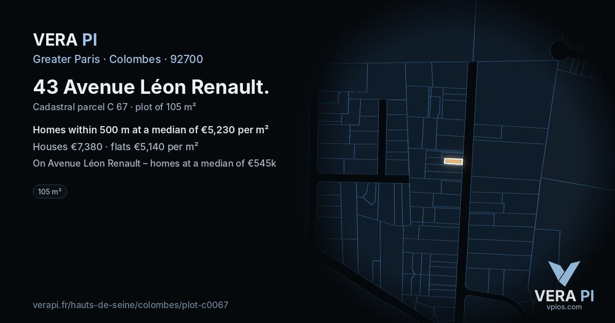 43 Avenue Léon Renault, Colombes at night – the plot lit, the parcels around coloured by the prices near them