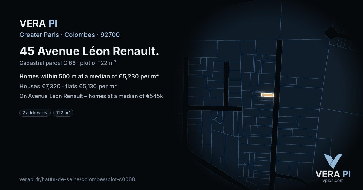 45 Avenue Léon Renault, Colombes at night – the plot lit, the parcels around coloured by the prices near them