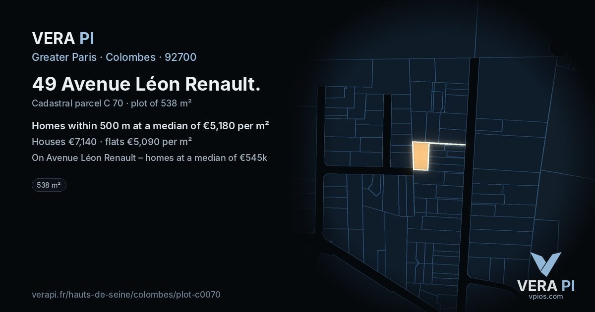 49 Avenue Léon Renault, Colombes at night – the plot lit, the parcels around coloured by the prices near them