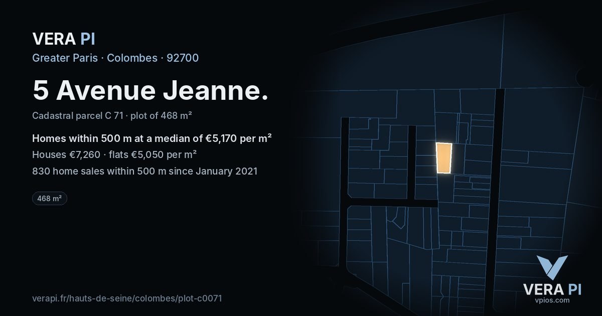 5 Avenue Jeanne, Colombes at night – the plot lit, the parcels around coloured by the prices near them