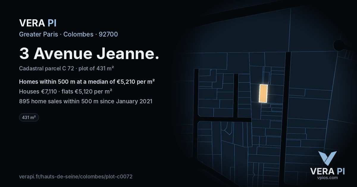 3 Avenue Jeanne, Colombes at night – the plot lit, the parcels around coloured by the prices near them