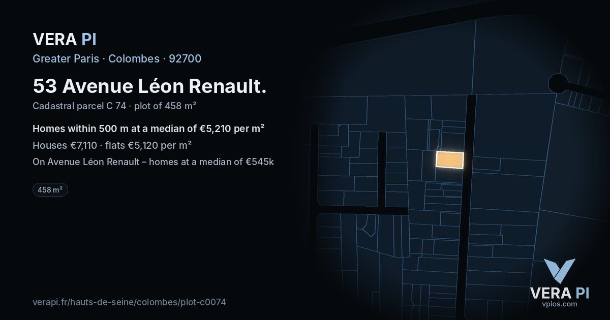 53 Avenue Léon Renault, Colombes at night – the plot lit, the parcels around coloured by the prices near them