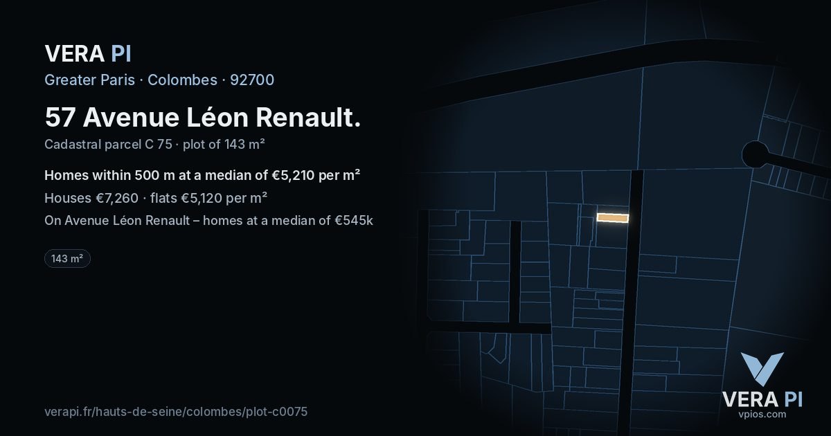 57 Avenue Léon Renault, Colombes at night – the plot lit, the parcels around coloured by the prices near them