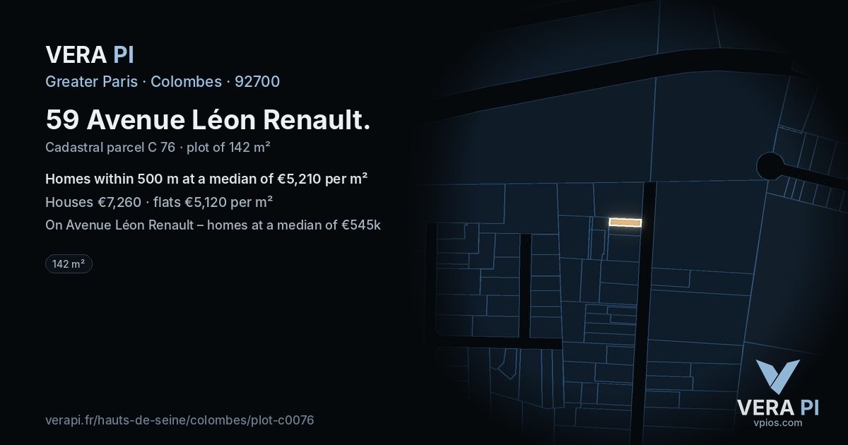 59 Avenue Léon Renault, Colombes at night – the plot lit, the parcels around coloured by the prices near them