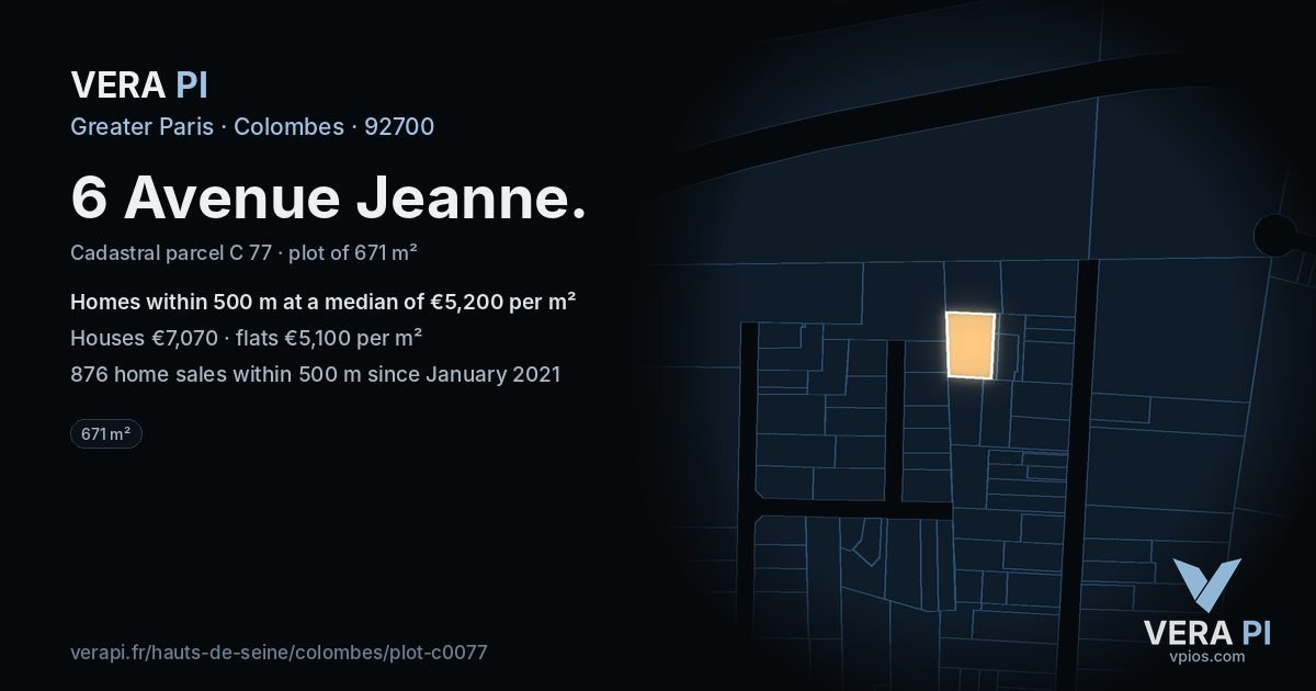 6 Avenue Jeanne, Colombes at night – the plot lit, the parcels around coloured by the prices near them