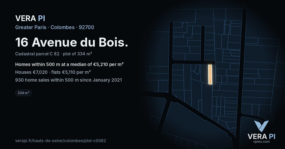 16 Avenue du Bois, Colombes at night – the plot lit, the parcels around coloured by the prices near them