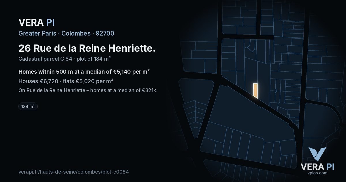 26 Rue de la Reine Henriette, Colombes at night – the plot lit, the parcels around coloured by the prices near them