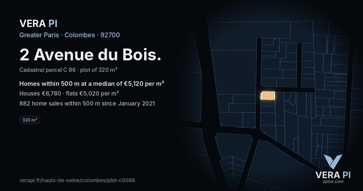 2 Avenue du Bois, Colombes at night – the plot lit, the parcels around coloured by the prices near them