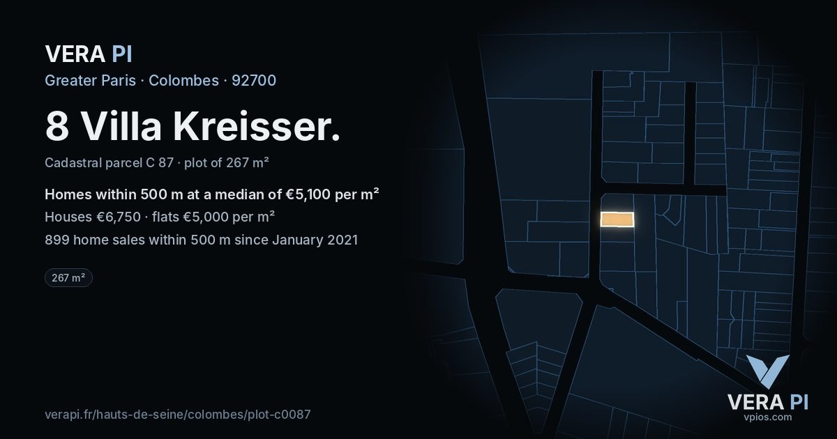 8 Villa Kreisser, Colombes at night – the plot lit, the parcels around coloured by the prices near them