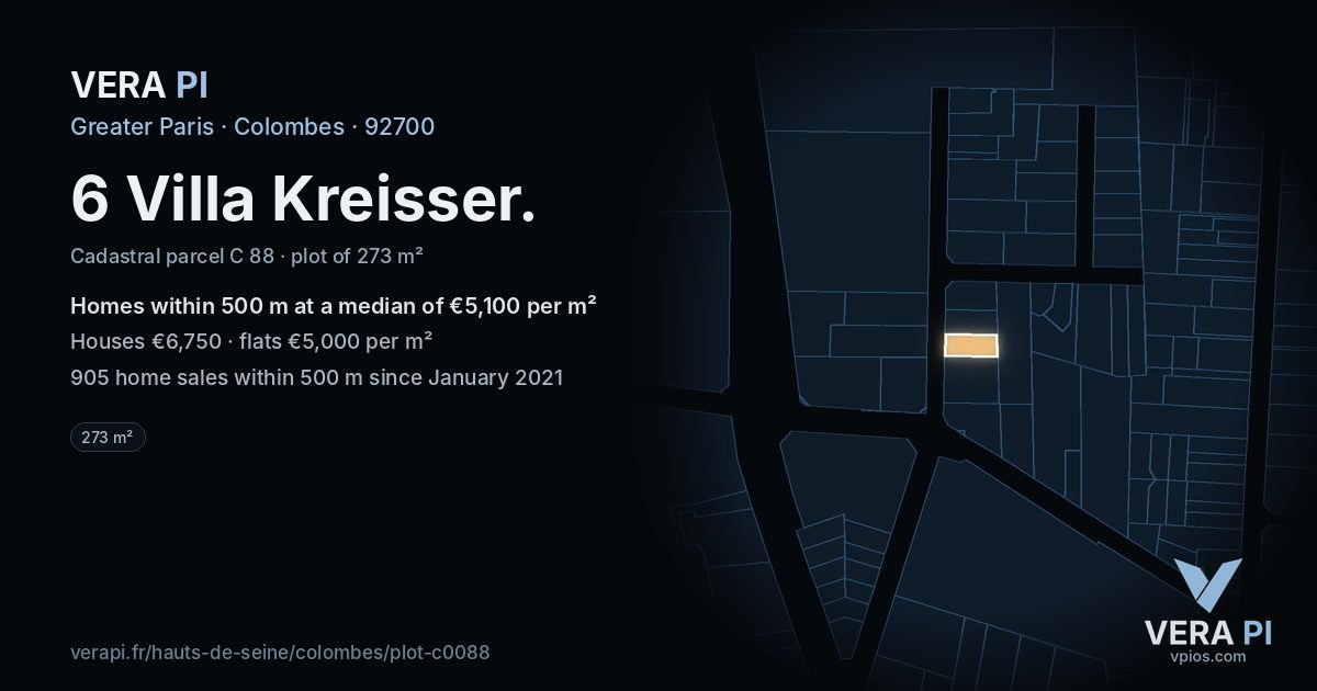 6 Villa Kreisser, Colombes at night – the plot lit, the parcels around coloured by the prices near them