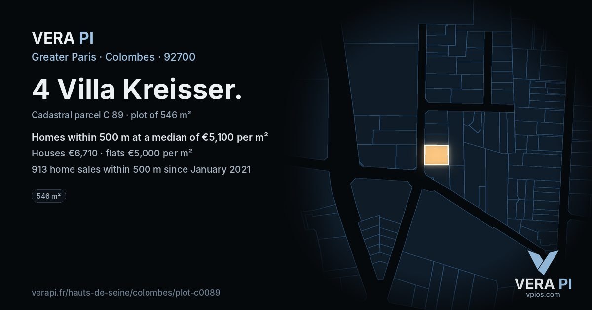 4 Villa Kreisser, Colombes at night – the plot lit, the parcels around coloured by the prices near them