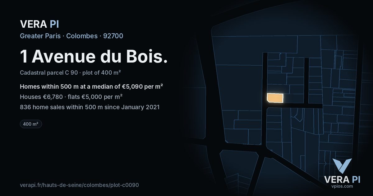 1 Avenue du Bois, Colombes at night – the plot lit, the parcels around coloured by the prices near them