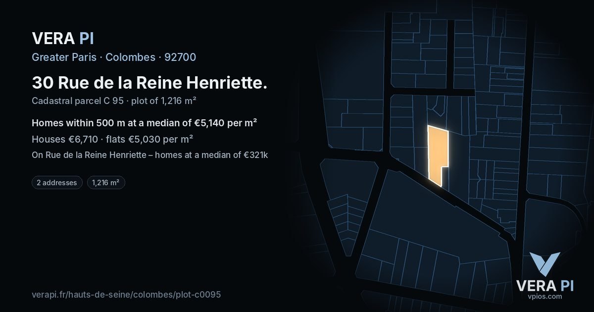 30 Rue de la Reine Henriette, Colombes at night – the plot lit, the parcels around coloured by the prices near them
