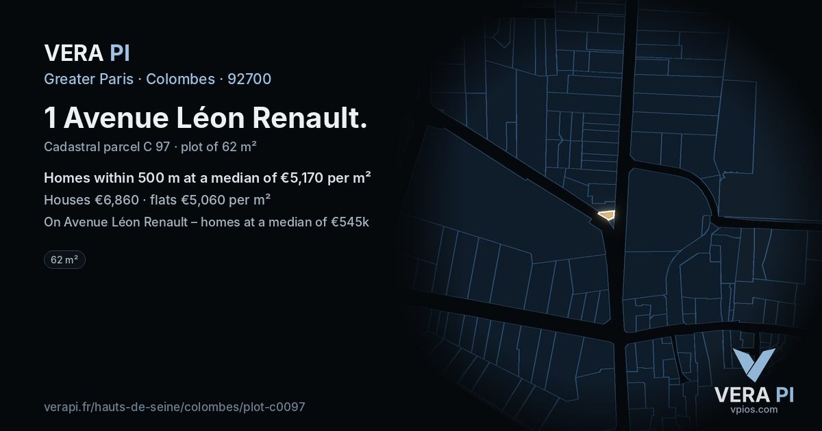 1 Avenue Léon Renault, Colombes at night – the plot lit, the parcels around coloured by the prices near them