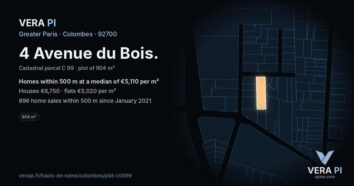 4 Avenue du Bois, Colombes at night – the plot lit, the parcels around coloured by the prices near them