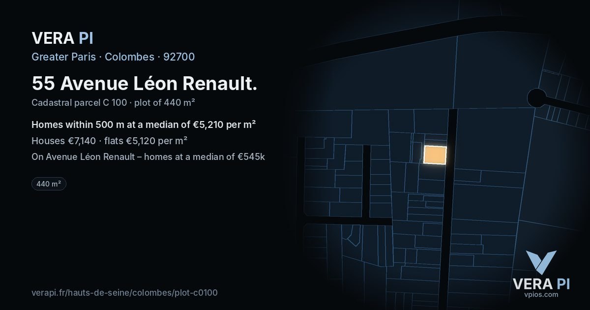 55 Avenue Léon Renault, Colombes at night – the plot lit, the parcels around coloured by the prices near them