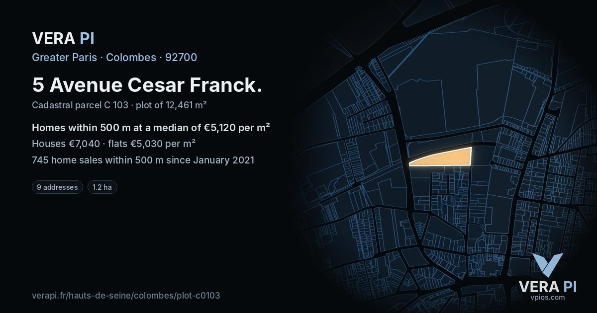 5 Avenue Cesar Franck, Colombes at night – the plot lit, the parcels around coloured by the prices near them