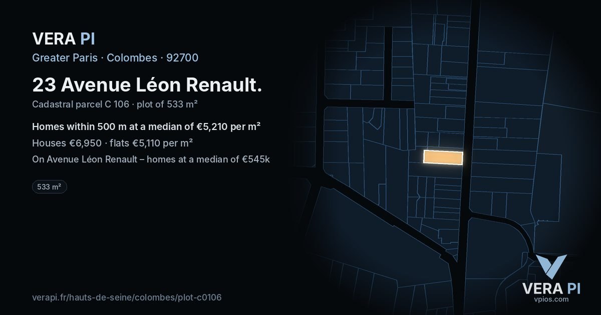 23 Avenue Léon Renault, Colombes at night – the plot lit, the parcels around coloured by the prices near them