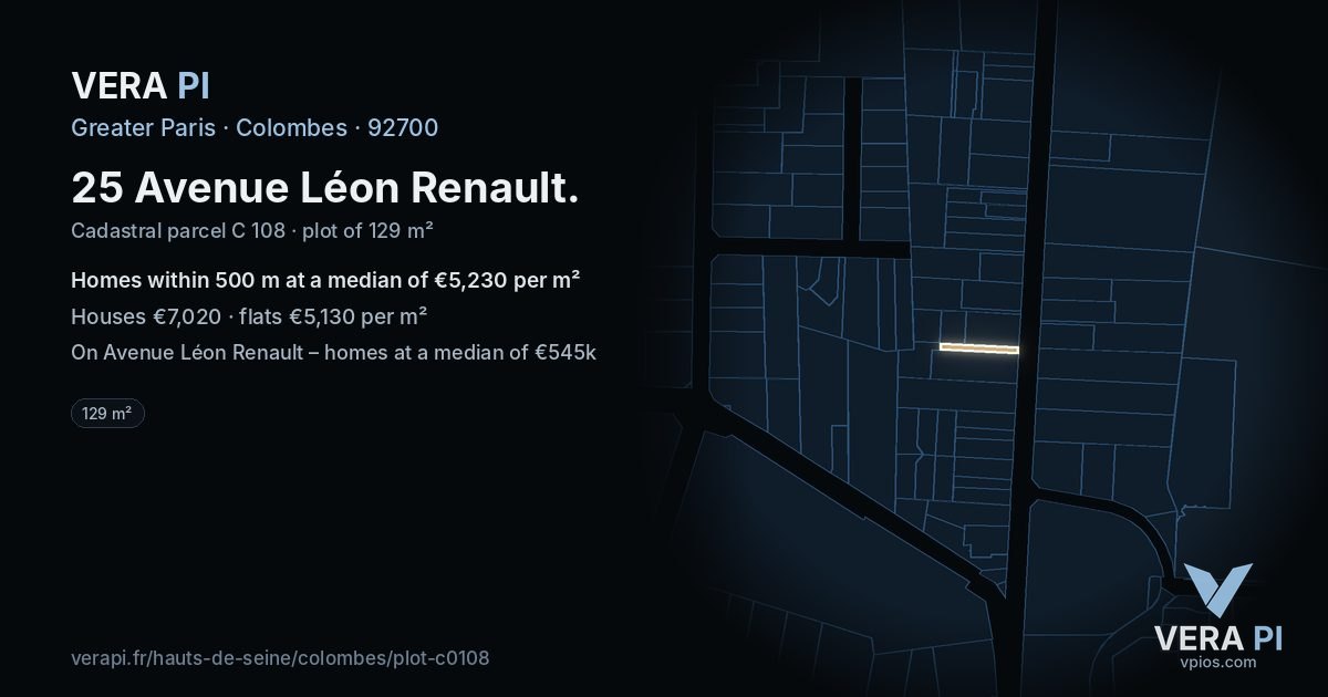 25 Avenue Léon Renault, Colombes at night – the plot lit, the parcels around coloured by the prices near them