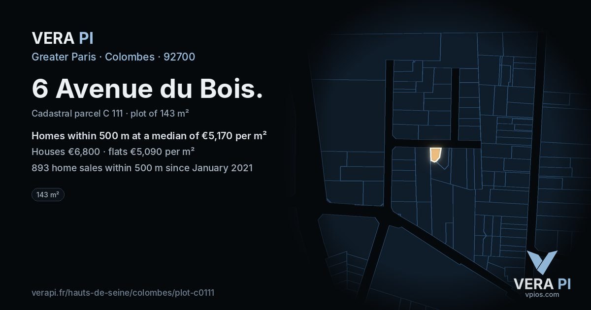 6 Avenue du Bois, Colombes at night – the plot lit, the parcels around coloured by the prices near them