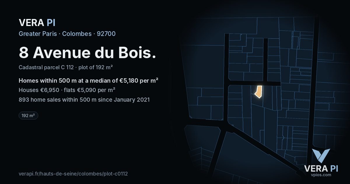 8 Avenue du Bois, Colombes at night – the plot lit, the parcels around coloured by the prices near them