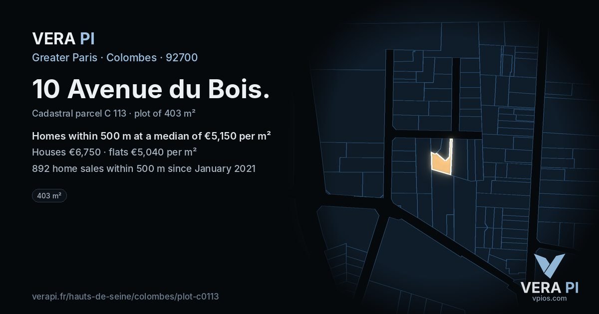 10 Avenue du Bois, Colombes at night – the plot lit, the parcels around coloured by the prices near them