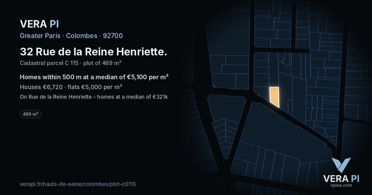 32 Rue de la Reine Henriette, Colombes at night – the plot lit, the parcels around coloured by the prices near them