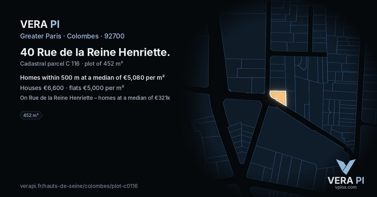 40 Rue de la Reine Henriette, Colombes at night – the plot lit, the parcels around coloured by the prices near them