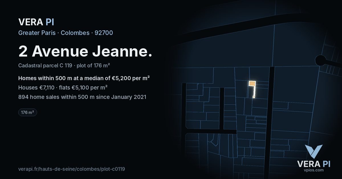 2 Avenue Jeanne, Colombes at night – the plot lit, the parcels around coloured by the prices near them