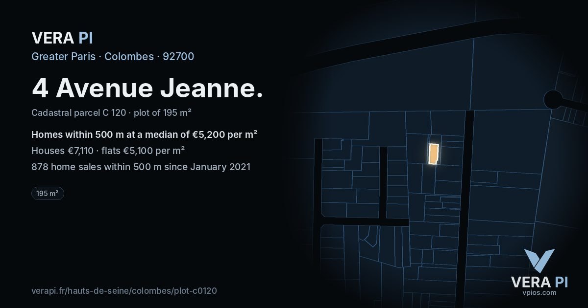 4 Avenue Jeanne, Colombes at night – the plot lit, the parcels around coloured by the prices near them