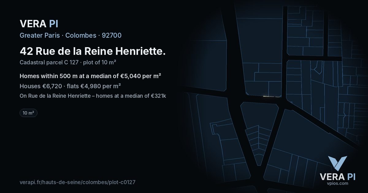 42 Rue de la Reine Henriette, Colombes at night – the plot lit, the parcels around coloured by the prices near them