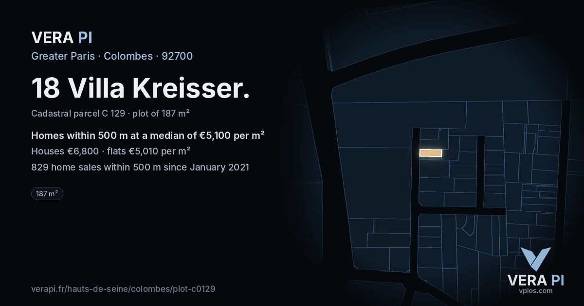 18 Villa Kreisser, Colombes at night – the plot lit, the parcels around coloured by the prices near them