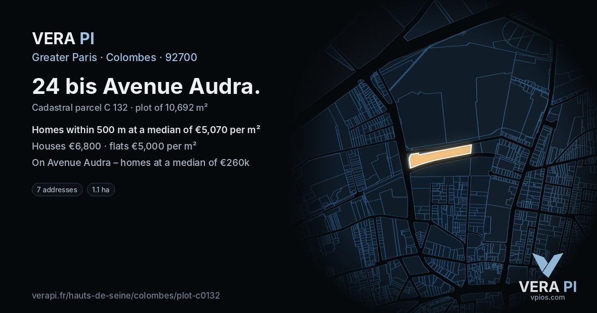 24 bis Avenue Audra, Colombes at night – the plot lit, the parcels around coloured by the prices near them