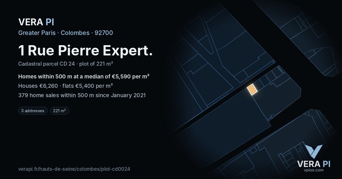 1 Rue Pierre Expert, Colombes at night – the plot lit, the parcels around coloured by the prices near them