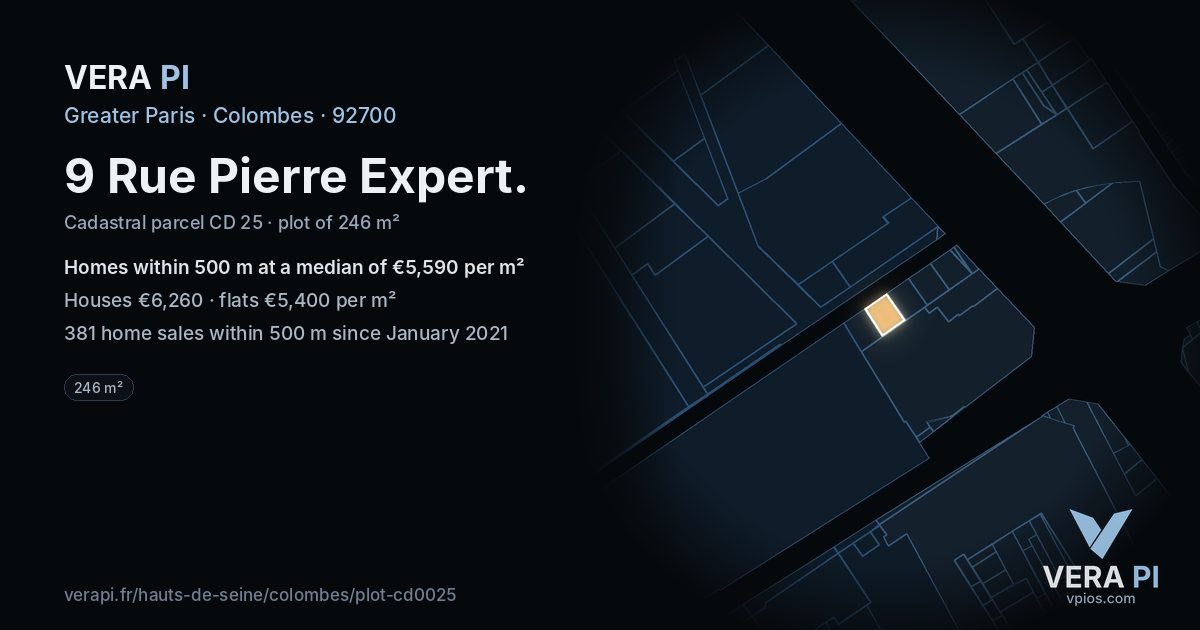 9 Rue Pierre Expert, Colombes at night – the plot lit, the parcels around coloured by the prices near them