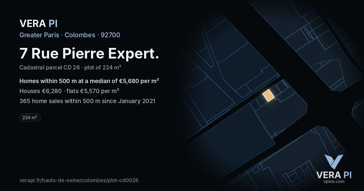 7 Rue Pierre Expert, Colombes at night – the plot lit, the parcels around coloured by the prices near them