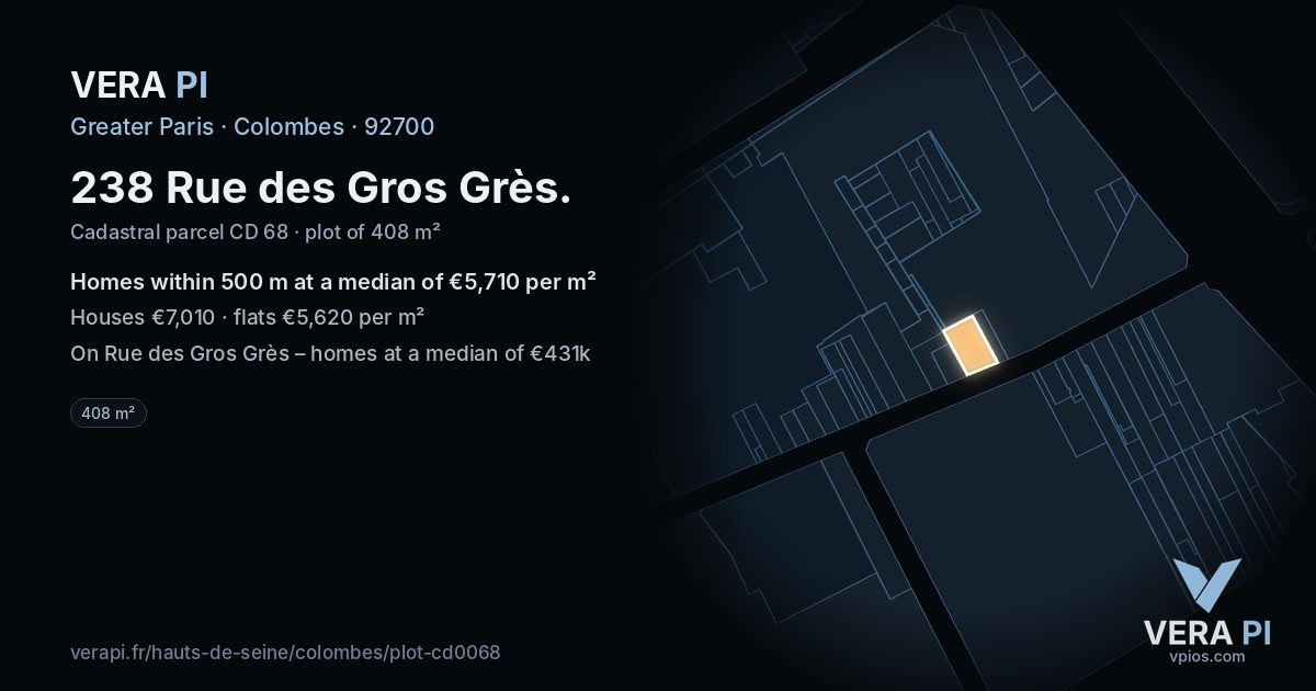 238 Rue des Gros Grès, Colombes at night – the plot lit, the parcels around coloured by the prices near them