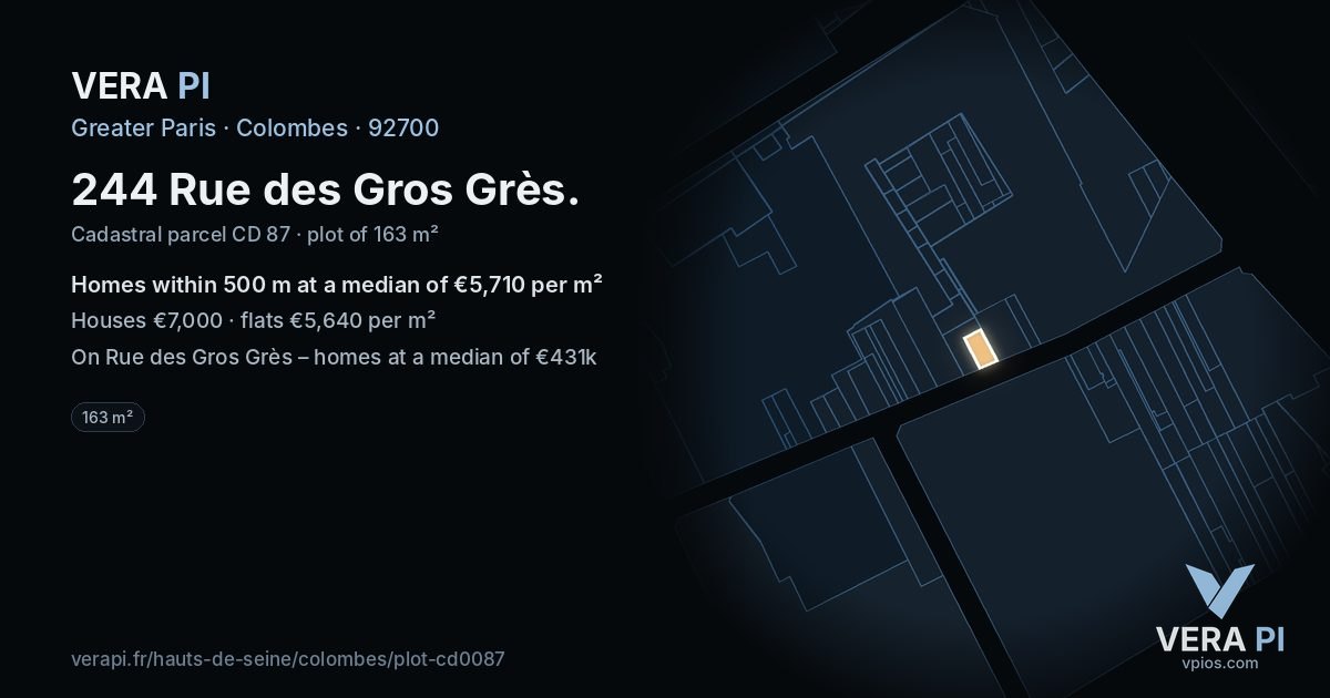 244 Rue des Gros Grès, Colombes at night – the plot lit, the parcels around coloured by the prices near them